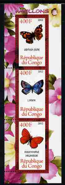 Congo 2012 Butterflies #1 perf sheetlet containing 3 values unmounted mint , stamps on butterflies