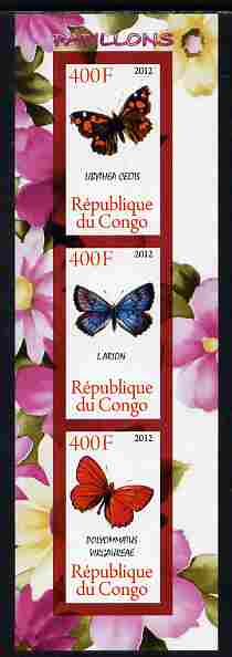 Congo 2012 Butterflies #1 imperf sheetlet containing 3 values unmounted mint , stamps on , stamps on  stamps on butterflies