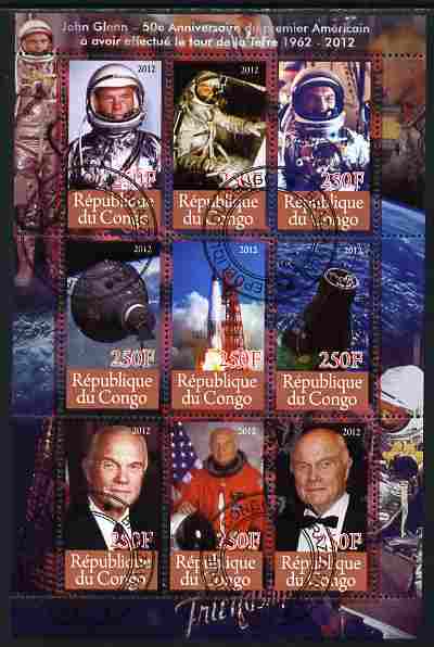Congo 2012 Space - John Glenn perf sheetlet containing 9 values fine cto used, stamps on personalities, stamps on space, stamps on rockets, stamps on 
