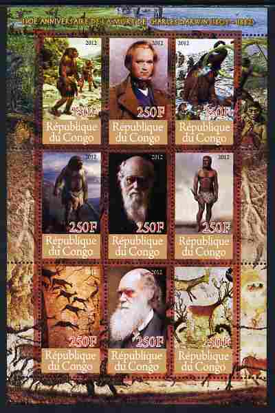 Congo 2012 Charles Darwin perf sheetlet containing 9 values unmounted mint , stamps on personalities, stamps on science, stamps on animals, stamps on apes, stamps on rock paintings, stamps on , stamps on darwin