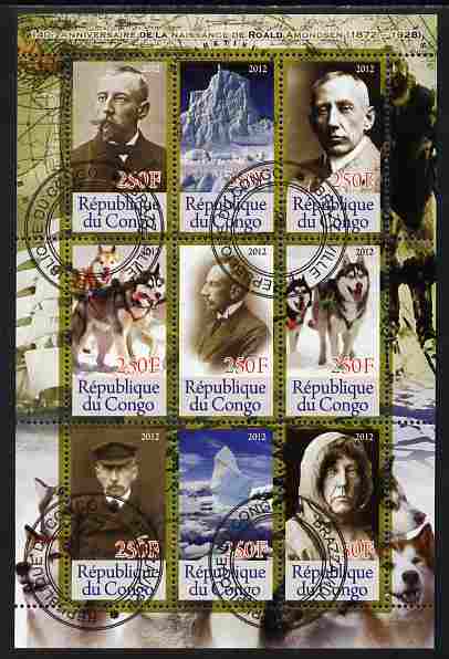 Congo 2012 Roald Amundsen perf sheetlet containing 9 values fine cto used, stamps on personalities, stamps on explorers, stamps on polar, stamps on dogs, stamps on 