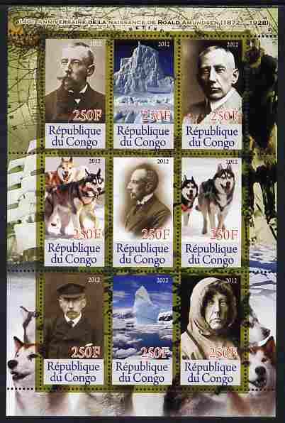Congo 2012 Roald Amundsen perf sheetlet containing 9 values unmounted mint , stamps on personalities, stamps on explorers, stamps on polar, stamps on dogs, stamps on 