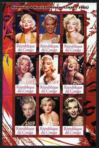 Congo 2012 Marilyn Monroe perf sheetlet containing 9 values unmounted mint , stamps on , stamps on  stamps on personalities, stamps on  stamps on films, stamps on  stamps on cinema, stamps on  stamps on movies, stamps on  stamps on music, stamps on  stamps on marilyn, stamps on  stamps on monroe