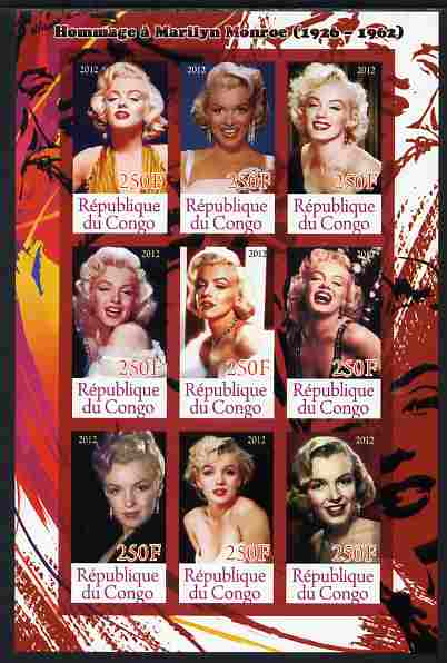 Congo 2012 Marilyn Monroe imperf sheetlet containing 9 values unmounted mint , stamps on personalities, stamps on films, stamps on cinema, stamps on movies, stamps on music, stamps on marilyn, stamps on monroe
