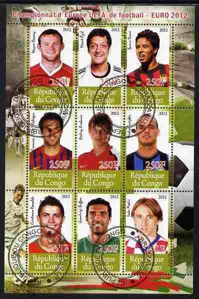 Congo 2012 Football European Championship perf sheetlet containing 9 values fine cto used, stamps on , stamps on  stamps on personalities, stamps on  stamps on football