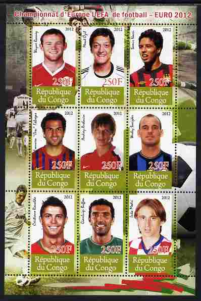Congo 2012 Football European Championship perf sheetlet containing 9 values unmounted mint , stamps on personalities, stamps on football