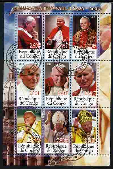 Congo 2012 Pope John Paul II perf sheetlet containing 9 values fine cto used, stamps on , stamps on  stamps on personalities, stamps on  stamps on pope, stamps on  stamps on popes, stamps on  stamps on religion