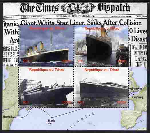 Chad 2011 The Titanic - 100th Anniversary perf sheetlet containing 4 values unmounted mint. Note this item is privately produced and is offered purely on its thematic app..., stamps on ships, stamps on disasters, stamps on newspapers, stamps on titanic