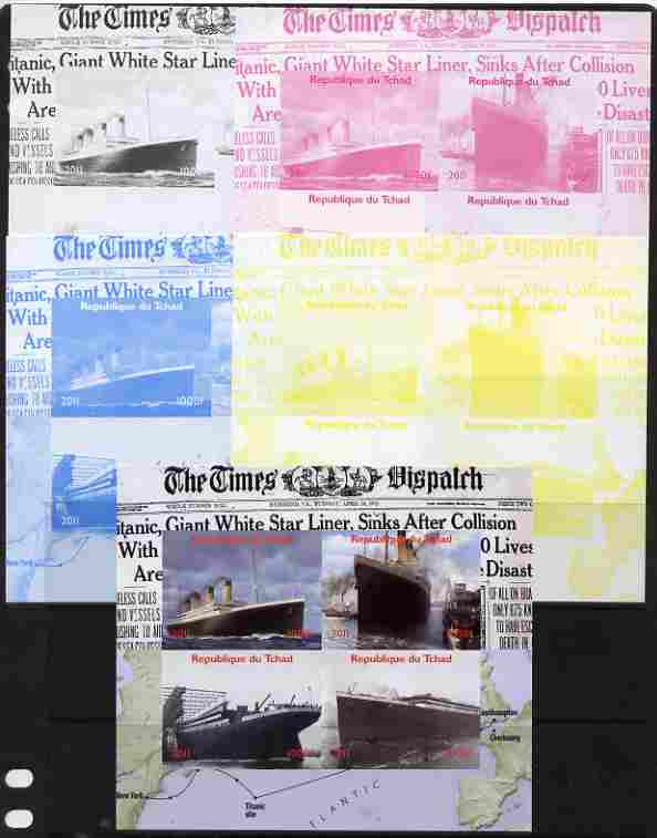 Chad 2011 The Titanic - 100th Anniversary sheetlet containing 4 values - the set of 5 imperf progressive proofs comprising the 4 individual colours plus all 4-colour comp..., stamps on ships, stamps on disasters, stamps on newspapers, stamps on titanic