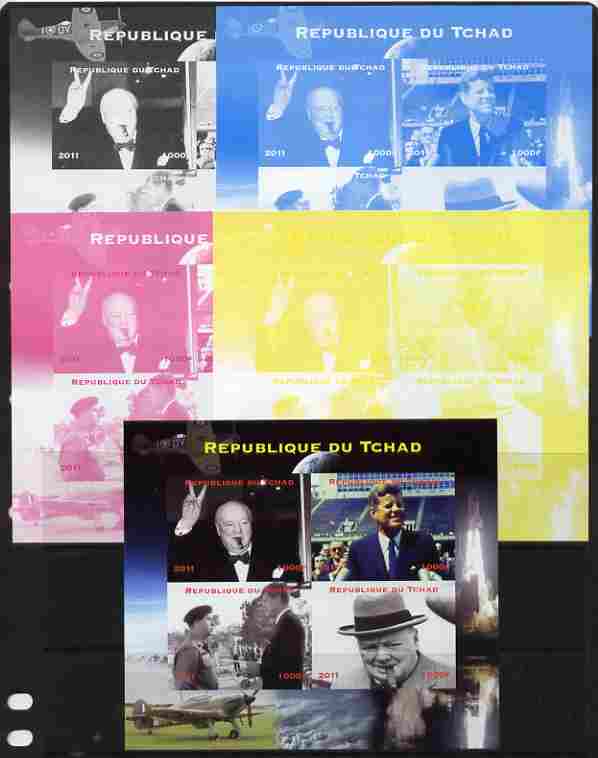 Chad 2011 Churchill & Kennedy sheetlet containing 4 values - the set of 5 imperf progressive proofs comprising the 4 individual colours plus all 4-colour composite, unmou...