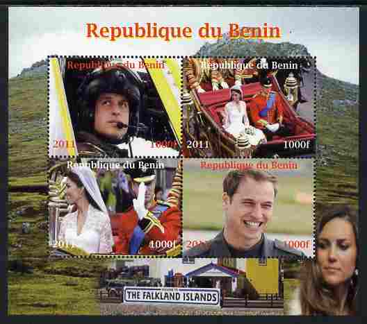 Benin 2011 Royal Visits - William in the Falklands perf sheetlet containing 4 values unmounted mint. Note this item is privately produced and is offered purely on its thematic appeal , stamps on , stamps on  stamps on royal visits, stamps on  stamps on kate, stamps on  stamps on william, stamps on  stamps on royalty, stamps on  stamps on royal wedding