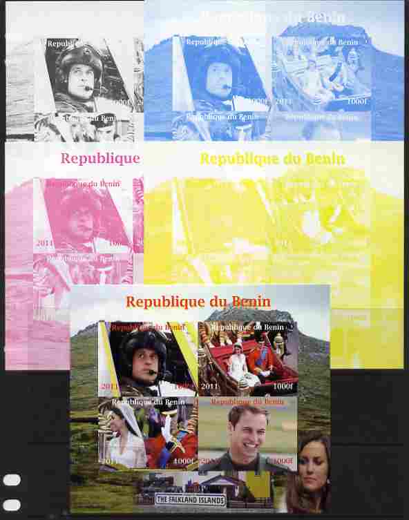 Benin 2011 Royal Visits - William in the Falklands sheetlet containing 4 values - the set of 5 imperf progressive proofs comprising the 4 individual colours plus all 4-co...