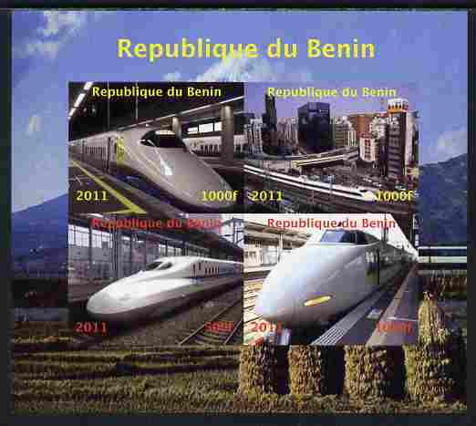 Benin 2011 Japanese High Speed Trains imperf sheetlet containing 4 values unmounted mint. Note this item is privately produced and is offered purely on its thematic appeal , stamps on , stamps on  stamps on railways