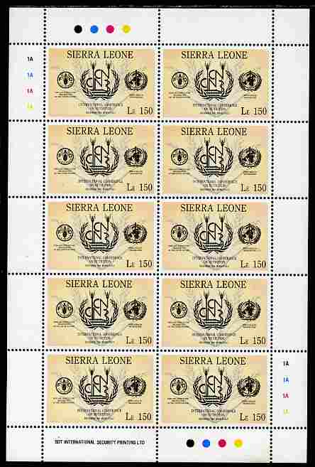 Sierra Leone 1992 Anniversaries & Events - International Conference on Nutrition 150L in complete perf sheetlet of 10 unmounted mint SG 1943, stamps on , stamps on  stamps on food, stamps on  stamps on farming