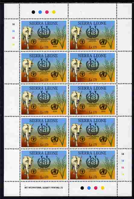 Sierra Leone 1992 Anniversaries & Events - International Conference on Nutrition 170L in complete perf sheetlet of 10 unmounted mint SG 1944, stamps on food, stamps on bovine, stamps on farming, stamps on wheat