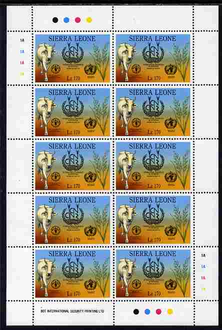 Sierra Leone 1992 Anniversaries & Events - International Conference on Nutrition 170L in complete perf sheetlet of 10 unmounted mint SG 1944, stamps on , stamps on  stamps on food, stamps on  stamps on bovine, stamps on  stamps on farming, stamps on  stamps on wheat