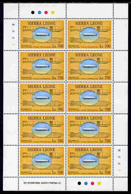 Sierra Leone 1992 Anniversaries & Events - Graf Zeppelin 700L in complete perf sheetlet of 10 unmounted mint SG 1953, stamps on aviation, stamps on airships, stamps on zeppelins