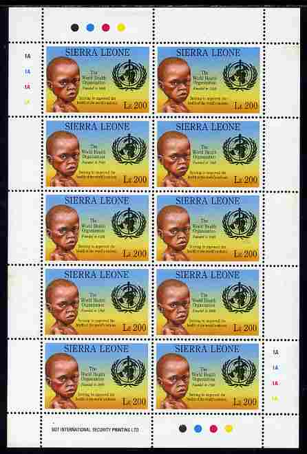 Sierra Leone 1992 Anniversaries & Events - World Health Organisation 200L in complete perf sheetlet of 10 unmounted mint SG 1946, stamps on , stamps on  stamps on food, stamps on  stamps on  ffh , stamps on  stamps on children, stamps on  stamps on united nations, stamps on  stamps on  who , stamps on  stamps on medical