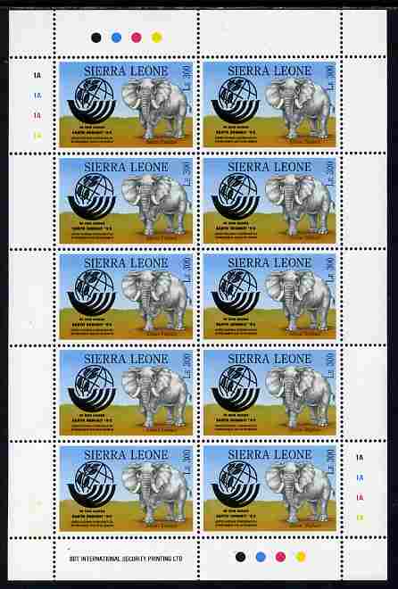 Sierra Leone 1992 Anniversaries & Events - United Nations Summit 300L in complete perf sheetlet of 10 unmounted mint SG 1949, stamps on , stamps on  stamps on united nations, stamps on  stamps on environment, stamps on  stamps on elephants, stamps on  stamps on 