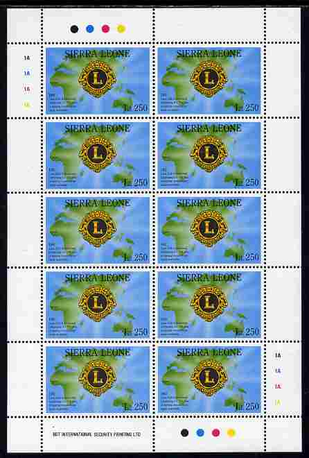 Sierra Leone 1992 Anniversaries & Events - International Lions Club 250L in complete perf sheetlet of 10 unmounted mint SG 1948, stamps on , stamps on  stamps on lions int, stamps on  stamps on maps