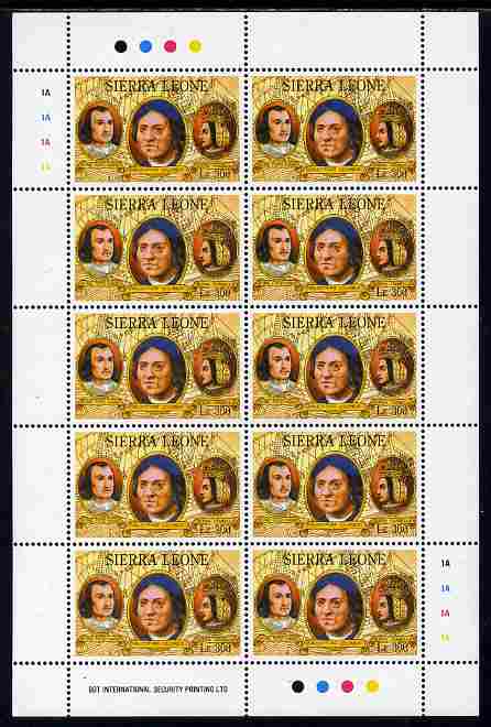 Sierra Leone 1992 Anniversaries & Events - Columbus 300L in complete perf sheetlet of 10 unmounted mint SG 1950, stamps on explorers, stamps on columbus, stamps on personalities