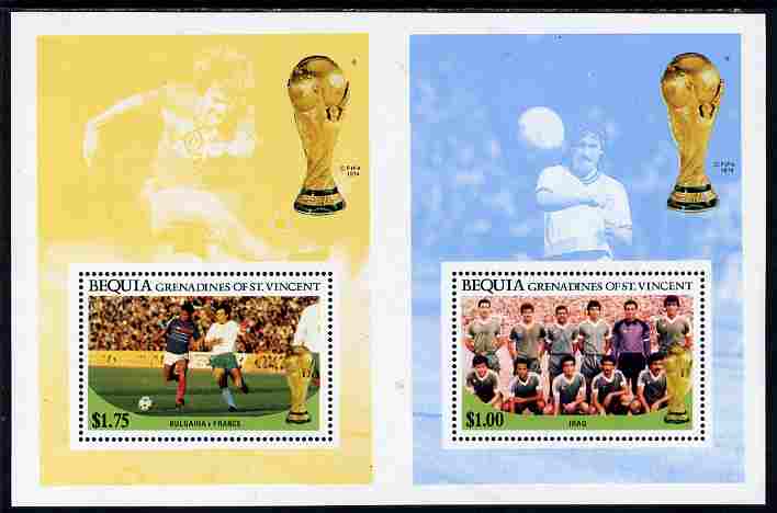 St Vincent - Bequia 1986 World Cup Football the $1 (Iraq Team) and $1.75 (Bulgaria v France) perf m/sheets in unissued uncut format, unmounted mint and rare having originated from the small stock of archive sheets produced by Format International, stamps on , stamps on  stamps on football