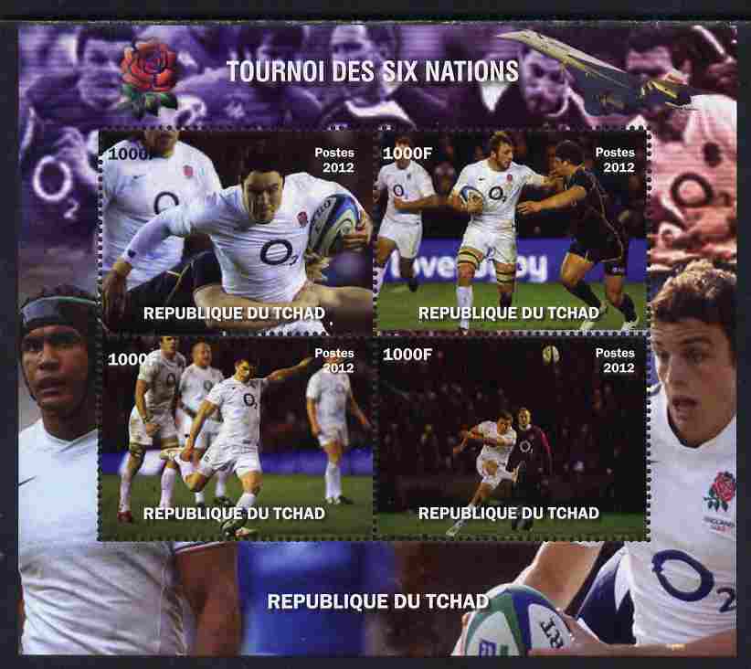 Chad 2012 Rugby Six Nations Tournament #2 perf sheetlet containing 4 values, unmounted mint. Note this item is privately produced and is offered purely on its thematic appeal. , stamps on , stamps on  stamps on rugby