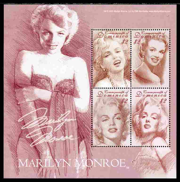 Dominica 2004 Marilyn Monroe commemoration perf sheetlet of 4 x $2 unmounted mint, SG MS3401, stamps on , stamps on  stamps on personalities, stamps on  stamps on films, stamps on  stamps on cinema, stamps on  stamps on movies, stamps on  stamps on music, stamps on  stamps on marilyn, stamps on  stamps on monroe