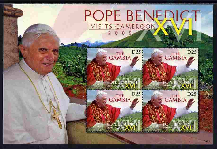 Gambia 2009 Pope Benedict XVI Visits Cameroun perf sheetlet of 4 unmounted mint, stamps on , stamps on  stamps on personalities, stamps on  stamps on pope, stamps on  stamps on religion, stamps on  stamps on popes