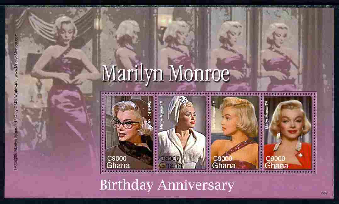 Ghana 2007 80th Birth Anniv of Marilyn Monroe perf sheetlet of 4 unmounted mint, SG 3615a, stamps on , stamps on  stamps on personalities, stamps on  stamps on films, stamps on  stamps on cinema, stamps on  stamps on movies, stamps on  stamps on music, stamps on  stamps on marilyn, stamps on  stamps on monroe