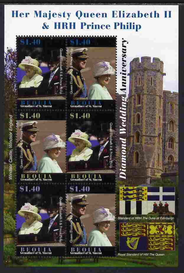 St Vincent - Bequia 2007 Diamond Wedding of Queen Elizabeth II & Duke of Edinburgh perf sheetlet of 6 unmounted mint, stamps on royalty, stamps on london, stamps on castles