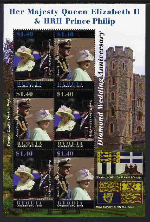 St Vincent - Bequia 2007 Diamond Wedding of Queen Elizabeth II & Duke of Edinburgh perf sheetlet of 6 unmounted mint, stamps on , stamps on  stamps on royalty, stamps on  stamps on london, stamps on  stamps on castles