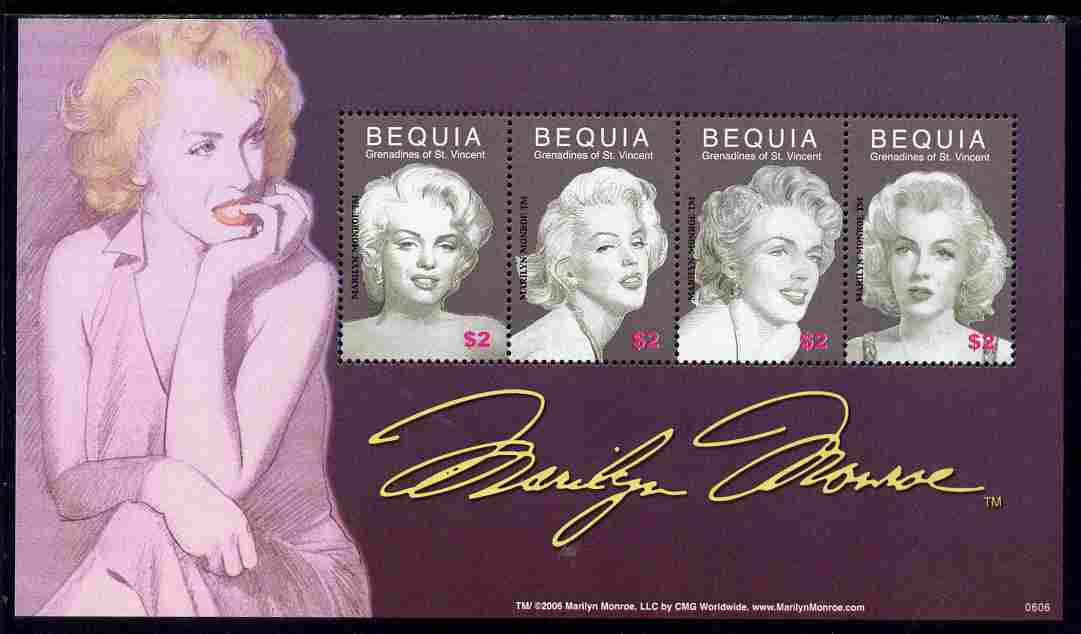 St Vincent - Bequia 2006 80th Birth Anniv of Marilyn Monroe perf sheetlet of 4 unmounted mint, stamps on , stamps on  stamps on personalities, stamps on  stamps on films, stamps on  stamps on cinema, stamps on  stamps on movies, stamps on  stamps on music, stamps on  stamps on marilyn, stamps on  stamps on monroe