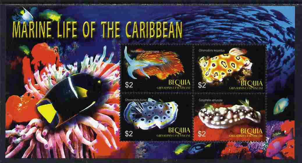 St Vincent - Bequia 2005 Marine Life (Sea Slugs) perf sheetlet of 4 unmounted mint, stamps on marine life, stamps on molluscs