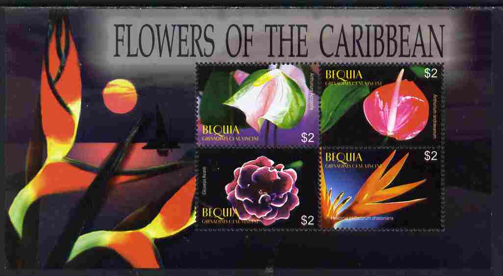 St Vincent - Bequia 2005 Flowers of the Caribbean perf sheetlet of 4 unmounted mint, stamps on , stamps on  stamps on flowers