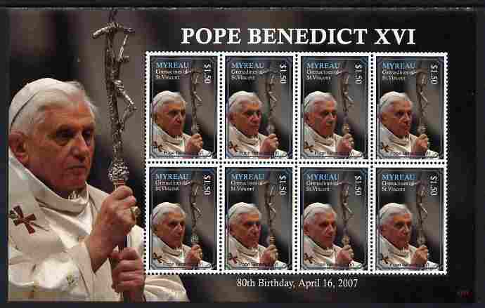 St Vincent - Myreau 2007 80th Birthday Pope Benedict XVI perf sheetlet of 8 unmounted mint, stamps on , stamps on  stamps on personalities, stamps on  stamps on pope, stamps on  stamps on religion, stamps on  stamps on popes