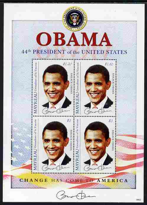 St Vincent - Myreau 2009 Inauguration of Pres Barack Obama perf sheetlet of 4 unmounted mint, stamps on , stamps on  stamps on personalities, stamps on  stamps on usa presidents, stamps on  stamps on american, stamps on  stamps on masonics, stamps on  stamps on masonry, stamps on  stamps on obama