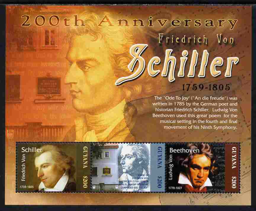 Guyana 2005 Death Bicentenary of Friedrich von Schiller perf sheetlet of 3 unmounted mint SG 6523a, stamps on , stamps on  stamps on music, stamps on  stamps on composers, stamps on  stamps on schiller, stamps on  stamps on beethoven, stamps on  stamps on literature