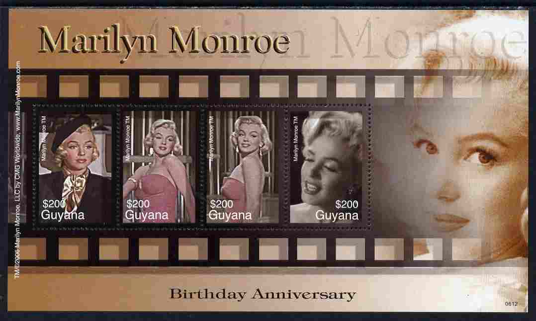 Guyana 2007 80th Birth Anniv of Marilyn Monroe perf sheetlet of 4 unmounted mint SG 6588a, stamps on , stamps on  stamps on personalities, stamps on  stamps on films, stamps on  stamps on cinema, stamps on  stamps on movies, stamps on  stamps on music, stamps on  stamps on marilyn, stamps on  stamps on monroe