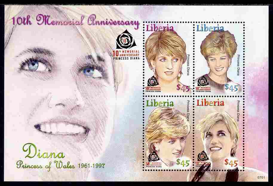 Liberia 2007 10th Death Anniv of Diana, Princess of Wales perf sheetlet of 4 unmounted mint, stamps on , stamps on  stamps on personalities, stamps on  stamps on diana, stamps on  stamps on royalty, stamps on  stamps on women