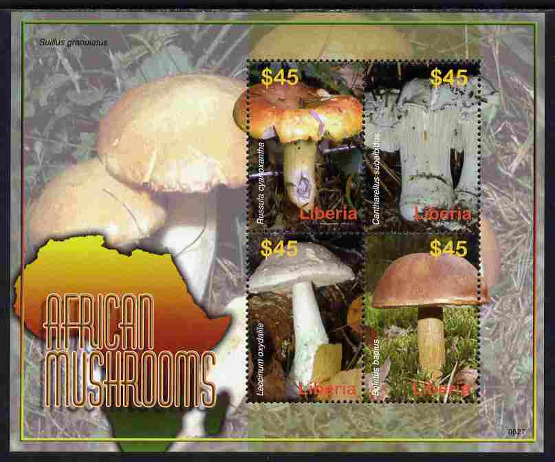 Liberia 2000 African mushrooms perf sheetlet of 4 unmounted mint, stamps on fungi