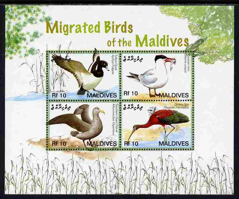 Maldive Islands 2007 Migratory Birds of the Maldives perf sheetlet of 4 (Tufted Duck, Caspian Trn, Southern Giant Petrel, Glossy Ibis) unmounted mint, SG 4090a, stamps on birds, stamps on ducks, stamps on terns, stamps on ibis