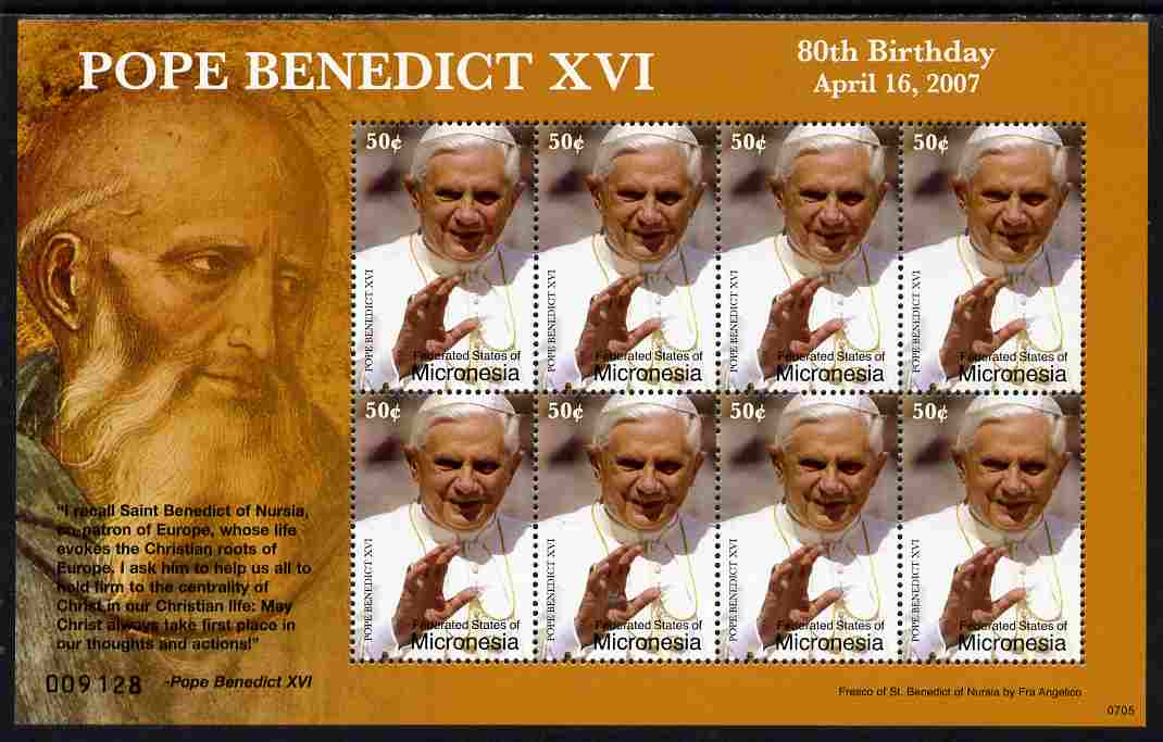 Micronesia 2007 80th Birthday Pope Benedict XVI perf sheetlet of 8 unmounted mint, SG 1436a, stamps on personalities, stamps on pope, stamps on religion, stamps on popes