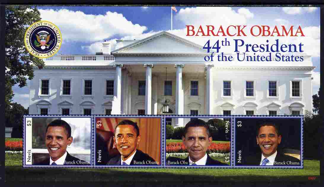 Nevis 2009 Inauguration of Pres Barack Obama perf sheetlet of 4 unmounted mint, SG MS2126, stamps on personalities, stamps on usa presidents, stamps on american, stamps on masonics, stamps on masonry, stamps on obama