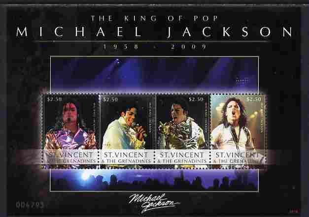 St Vincent 2009 Michael Jackson death commemoration perf sheetlet of 4 x $2.50 unmounted mint, stamps on , stamps on  stamps on personalities, stamps on  stamps on music, stamps on  stamps on jackson, stamps on  stamps on michael jackson