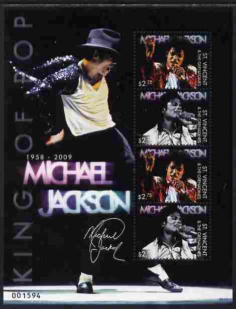 St Vincent 2009 Michael Jackson death commemoration perf sheetlet of 4 (2 x $2.25; 2 x $2.75) unmounted mint, stamps on , stamps on  stamps on personalities, stamps on  stamps on music, stamps on  stamps on jackson, stamps on  stamps on michael jackson