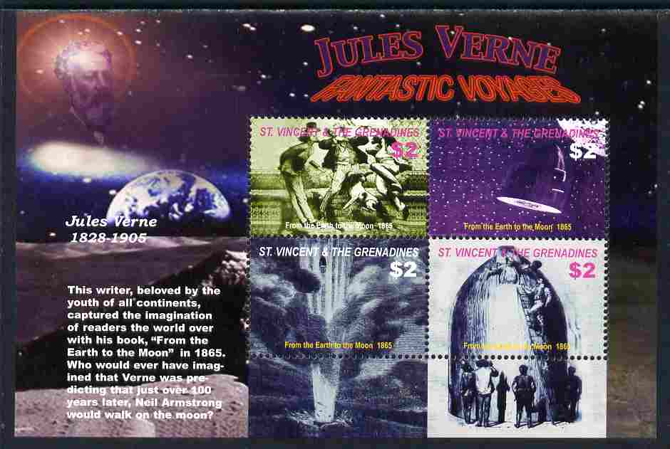 St Vincent 2005 Death Centenary of Jules Verne perf sheetlet of 4 (From Earth to the Moon) unmounted mint, SG5483a, stamps on , stamps on  stamps on personalities, stamps on  stamps on jules verne, stamps on  stamps on literature, stamps on  stamps on space