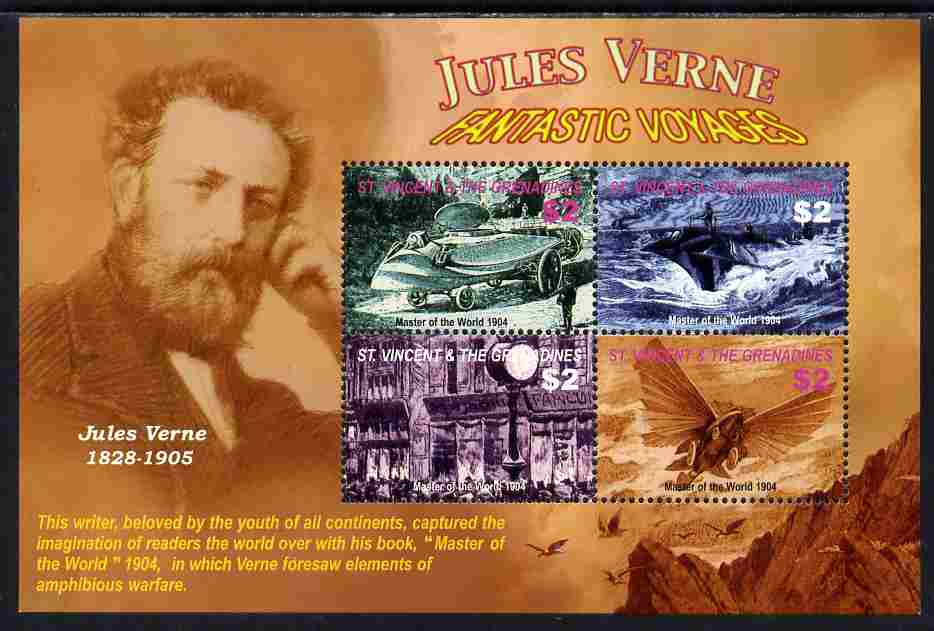 St Vincent 2005 Death Centenary of Jules Verne perf sheetlet of 4 (Master of the World) unmounted mint, SG 5479a, stamps on personalities, stamps on jules verne, stamps on literature, stamps on 