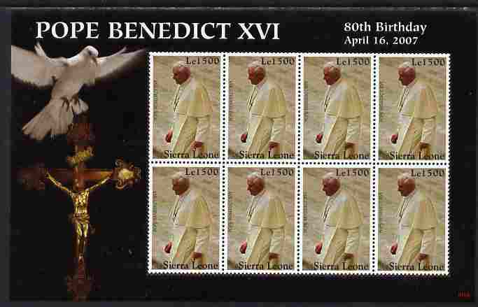 Sierra Leone 2007 80th Birthday of Pope Benedict XVI perf sheetlet of 8 unmounted mint, SG 4532a, stamps on , stamps on  stamps on personalities, stamps on  stamps on pope, stamps on  stamps on religion, stamps on  stamps on popes