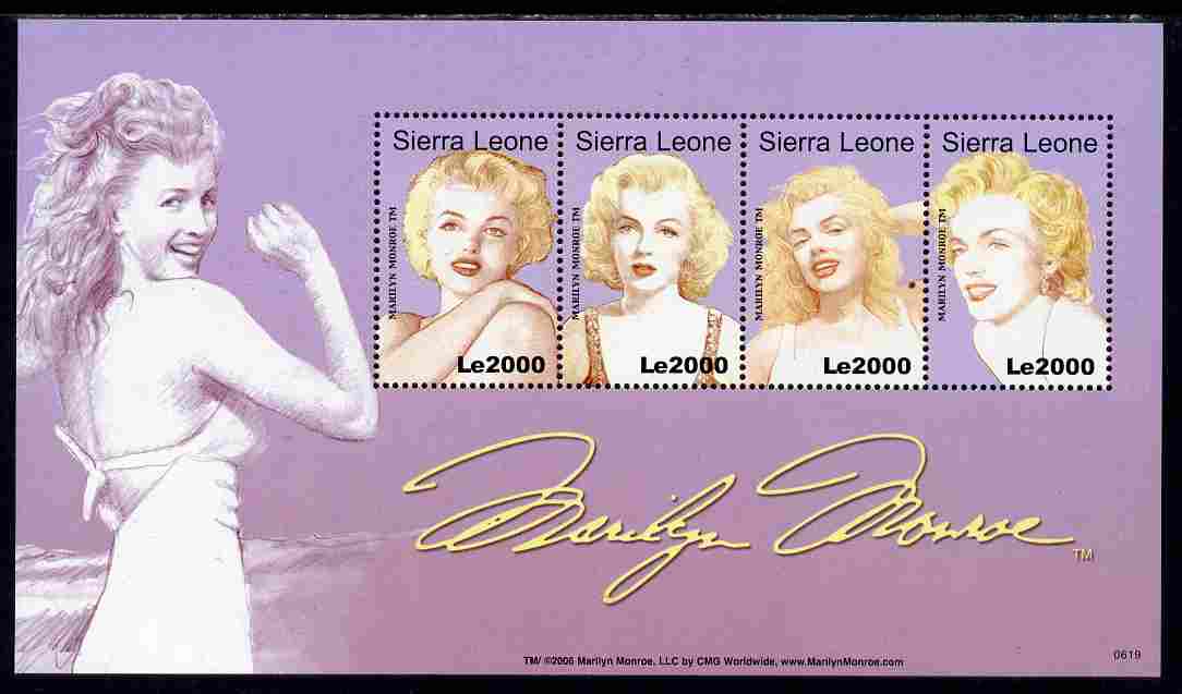 Sierra Leone 2006 80th Birth Anniv of Marilyn Monroe perf sheetlet of 4 unmounted mint SG 4469a, stamps on , stamps on  stamps on personalities, stamps on  stamps on films, stamps on  stamps on cinema, stamps on  stamps on movies, stamps on  stamps on music, stamps on  stamps on marilyn, stamps on  stamps on monroe